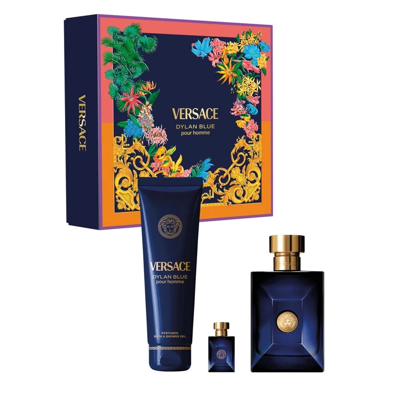 VERSACE DYLAN BLUE 3 PCS SET FOR MEN: 3.4 EAU DE TOILETTE SPRAY + 5 ML EAU DE TOILETTE MINI + 5 OZ BATH &amp; SHOWER GEL